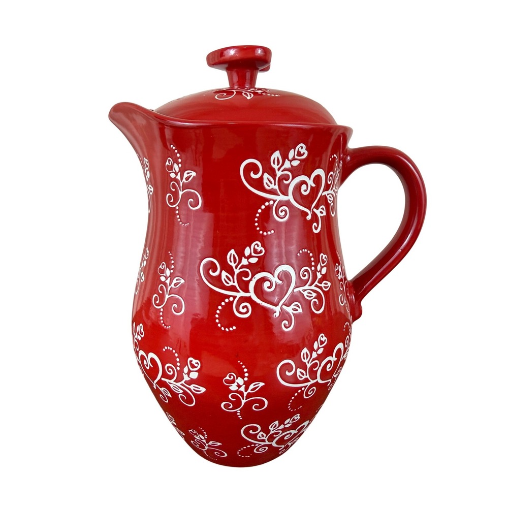 Temp-tations by Tara Red Floral Lace 2 QT 10" Pitcher with Lid EUC!
